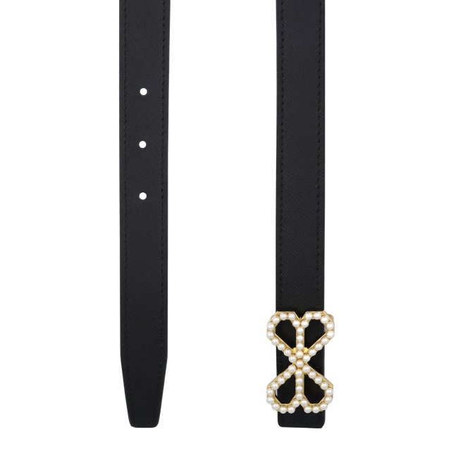 Belt with Bow and Pearls, black leather