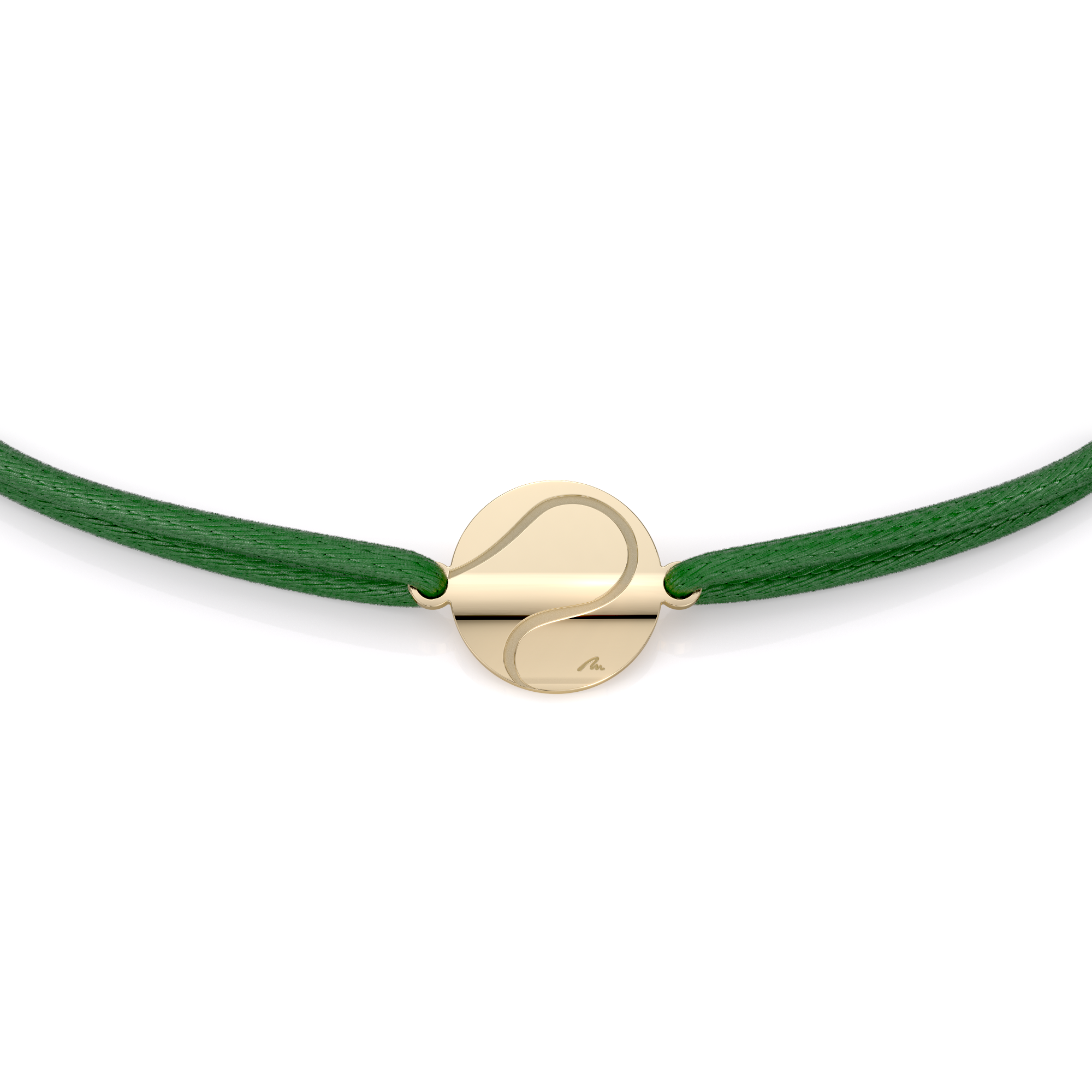 Green string bracelet with Tennis Ball pendant in brass plated with yellow gold