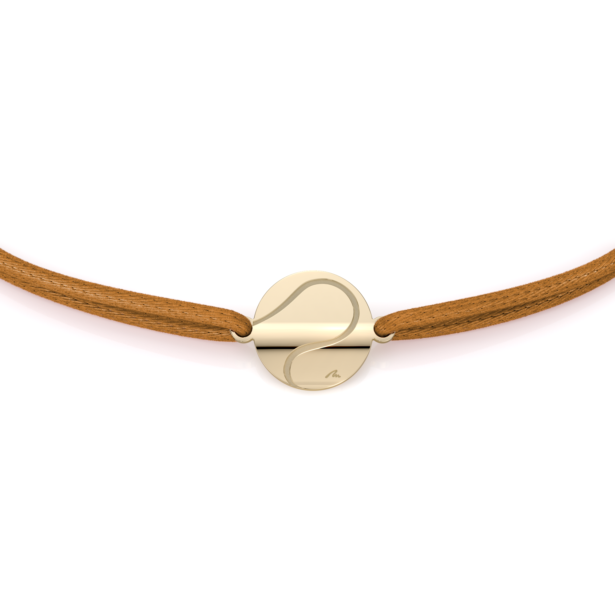 Brown string bracelet with Tennis Ball pendant in brass plated with yellow gold